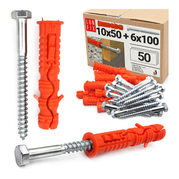 Kołki rozporowe 10x50 mm z wkrętem z łbem sześciokątnym 6x100 mm 50szt.