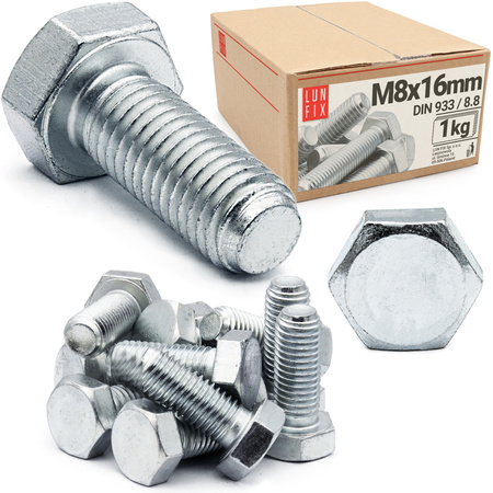Śruba M08-016 ocynk DIN 933 kl 8.8 (1kg)