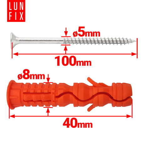 Kołki rozporowe 8x40 mm z wkrętem z łbem stożkowym 5x100 mm 100szt.