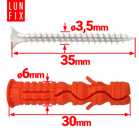 Kołki rozporowe 6x30 mm z wkrętem z łbem stożkowym 3,5x35 mm 200szt.