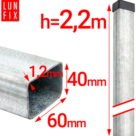 Słupek ogrodzeniowy 60x40 LUNBERG 60x40x2200 1,3mm grubości, ocynkowany 220cm 2,2m