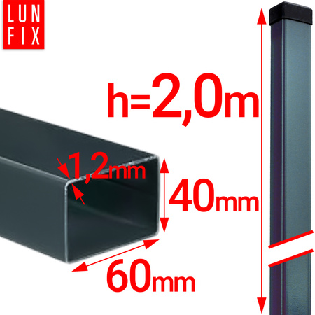 Słupek ogrodzeniowy 60x40 LUNBERG 60x40x2000 1,3mm grubości, grafitowy 200cm 2m