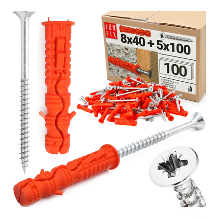 Kołki rozporowe 8x40 mm z wkrętem z łbem stożkowym 5x100 mm 100szt.