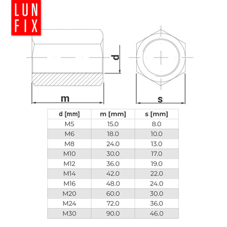 Nakrętka przedłuż 6kat M30x90 oc DIN6334 (1szt)