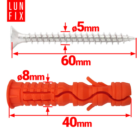 Kołki rozporowe 8x40 mm z wkrętem z łbem stożkowym 5x60 mm 100szt.