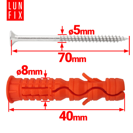 Kołki rozporowe 8x40 mm z wkrętem z łbem stożkowym 5x70 mm 100szt.
