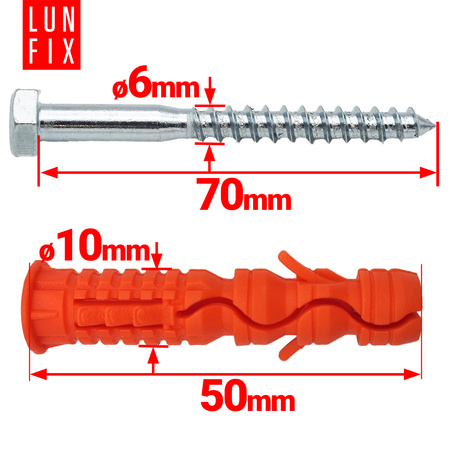 Kołki rozporowe 10x50 mm z wkrętem z łbem sześciokątnym 6x70 mm 50szt.