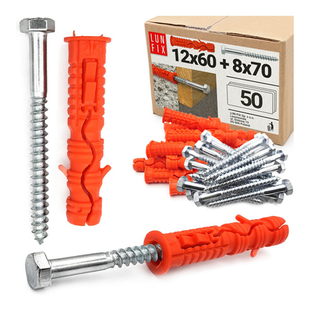 Kołki rozporowe 12x60 mm z wkrętem z łbem sześciokątnym 8x70 mm 50szt.