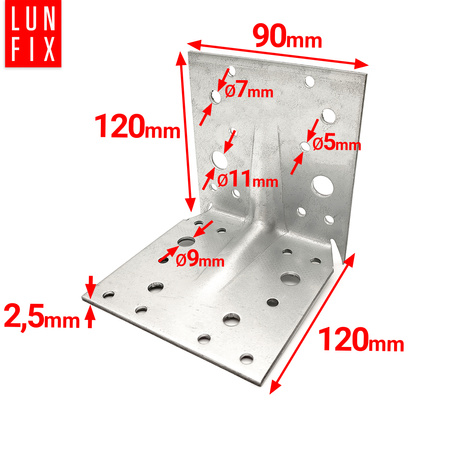 Kątownik montażowy z kolcem 120x120x90x2,5 ciesielski 10szt.