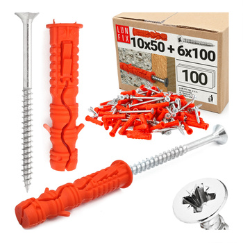 Kołki rozporowe 10x50 mm z wkrętem z łbem stożkowym 6x100 mm 100szt.
