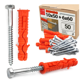 Kołki rozporowe 10x50 mm z wkrętem z łbem sześciokątnym 6x60 mm 50szt.